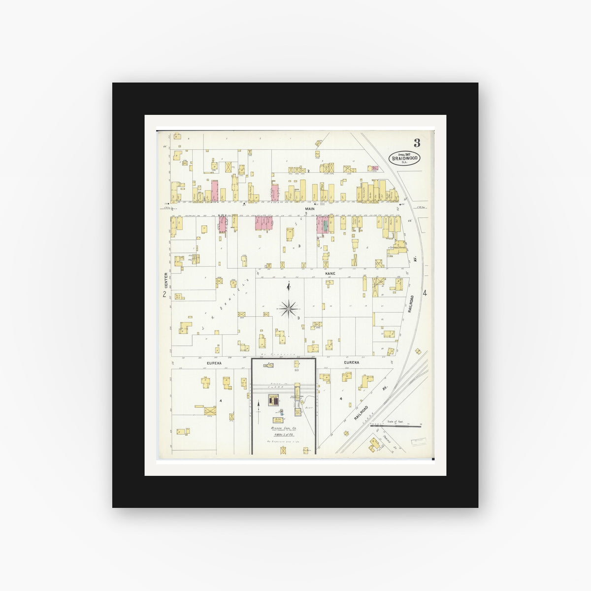 Old map wall art mockup — black gallery frame with white mat — Sanborn Fire Insurance Map from Braidwood, Will County, Illinois (1907), Sheet #0003