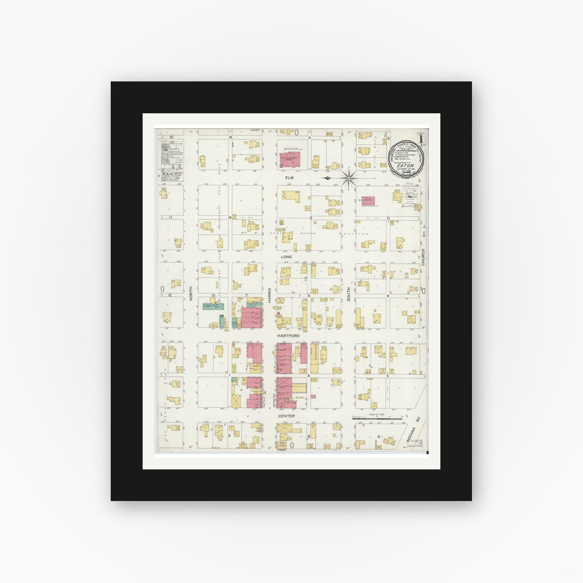 Old map wall art mockup — black gallery frame with white mat — Sanborn Fire Insurance Map from Eaton, Delaware County, Indiana (1900), Sheet #0001