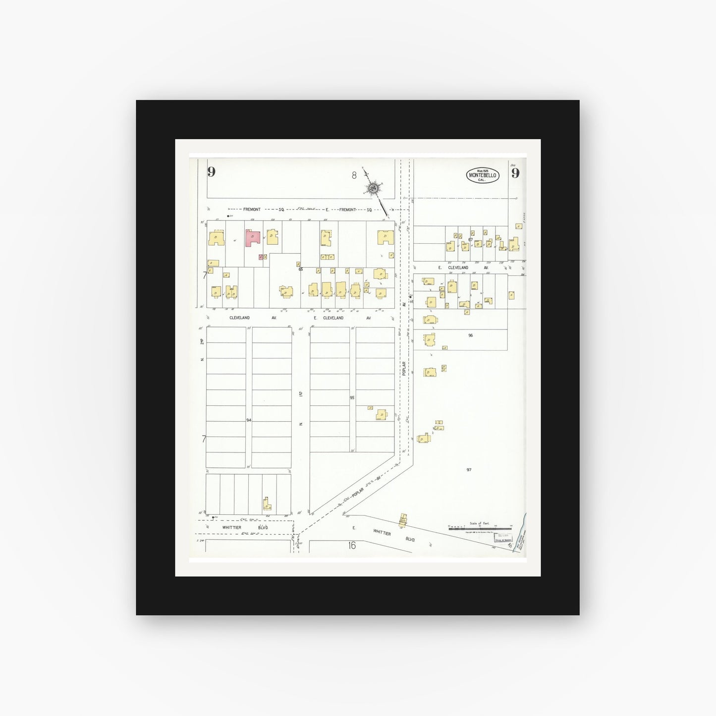 Old map wall art mockup — black gallery frame with white mat — Sanborn Fire Insurance Map from Montebello, Los Angeles County, California (1925), Sheet #0009