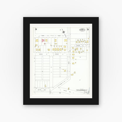 Old map wall art mockup — black gallery frame with white mat — Sanborn Fire Insurance Map from Montebello, Los Angeles County, California (1925), Sheet #0009