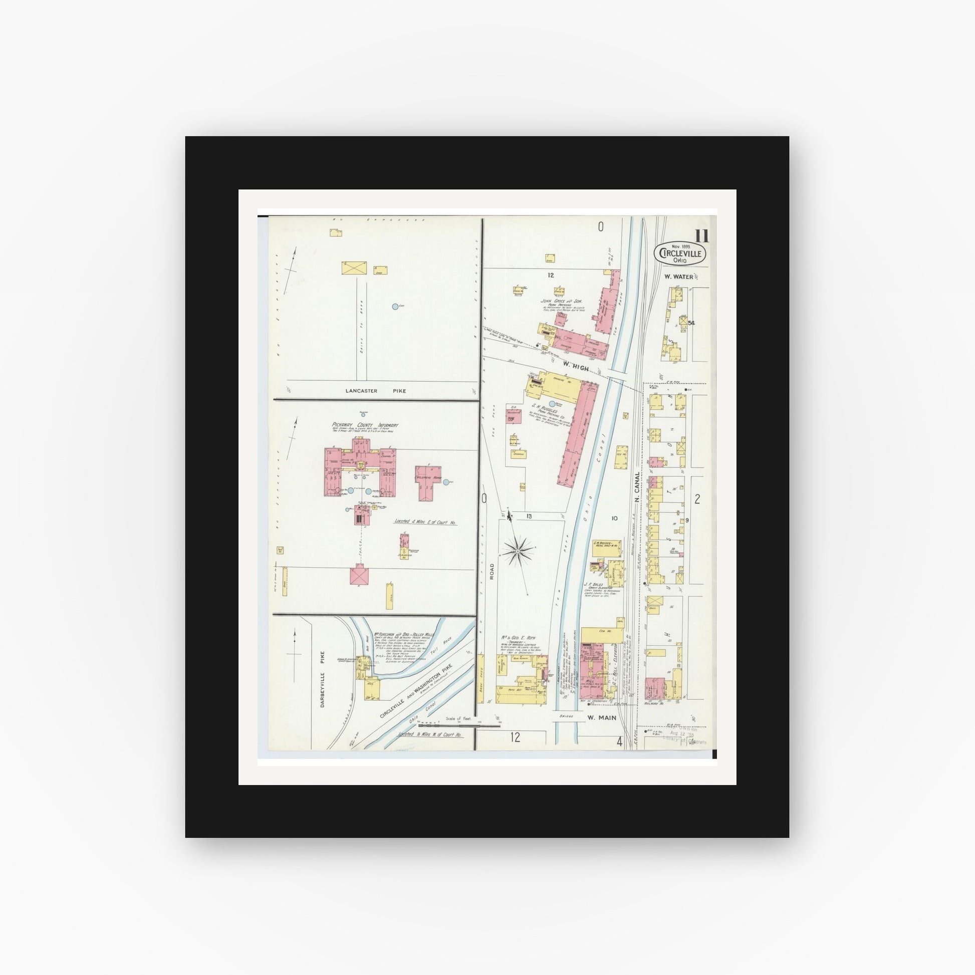 Old map wall art mockup — black gallery frame with white mat — Sanborn Fire Insurance Map from Circleville, Pickaway County, Ohio (1899), Sheet #0011