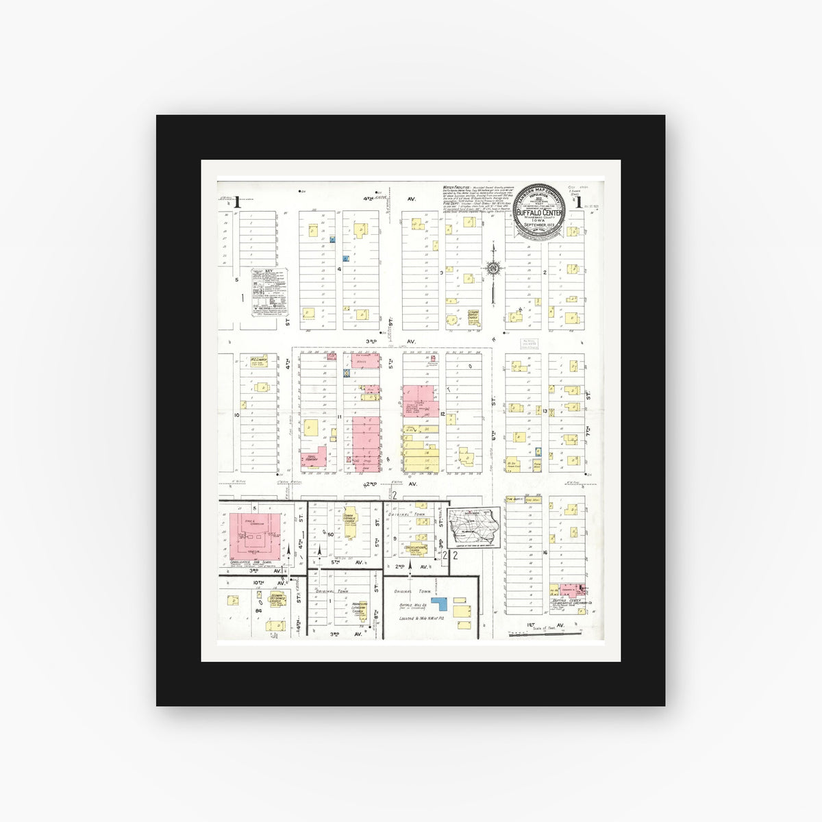 Old map wall art mockup — black gallery frame with white mat — Sanborn Fire Insurance Map from Buffalo Center, Winnebago County, Iowa (1923) â€” Complete Set