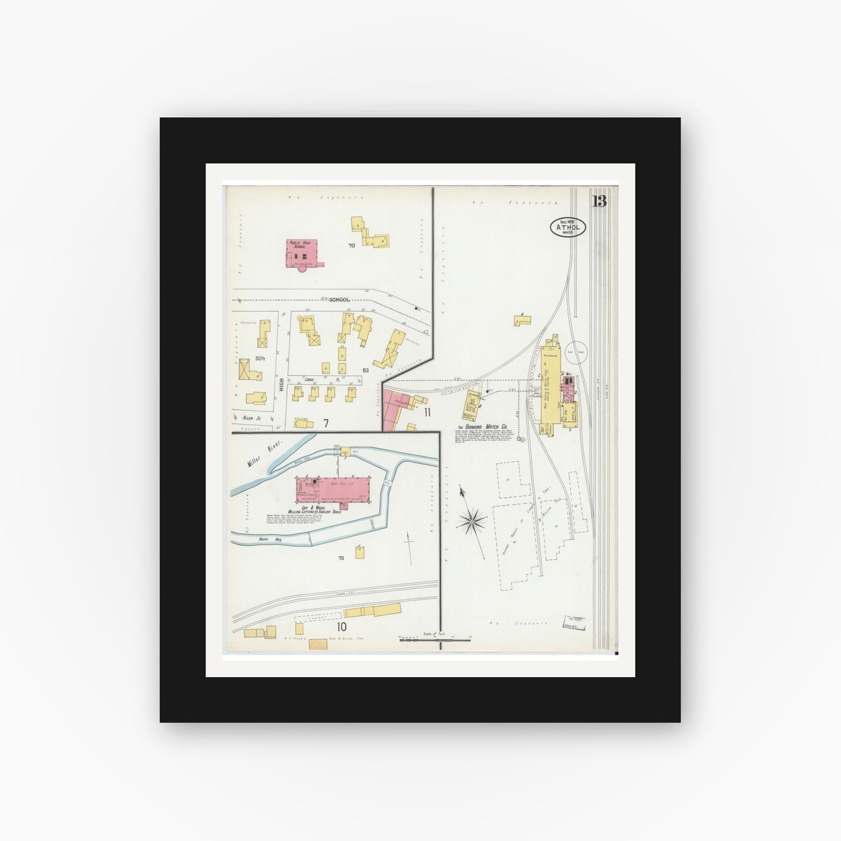 Old map wall art mockup — black gallery frame with white mat — Sanborn Fire Insurance Map from Athol, Worcester County, Massachusetts (1900), Sheet #0013