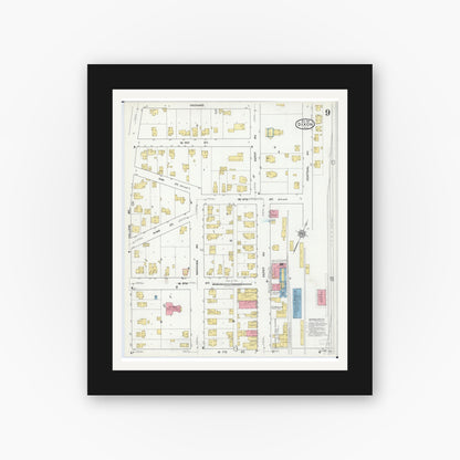 Old map wall art mockup — black gallery frame with white mat — Sanborn Fire Insurance Map from Dixon, Lee County, Illinois (1918), Sheet #0009