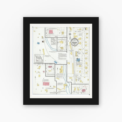 Old map wall art mockup — black gallery frame with white mat — Sanborn Fire Insurance Map from Sarcoxie, Jasper County, Missouri (1918), Sheet #0001
