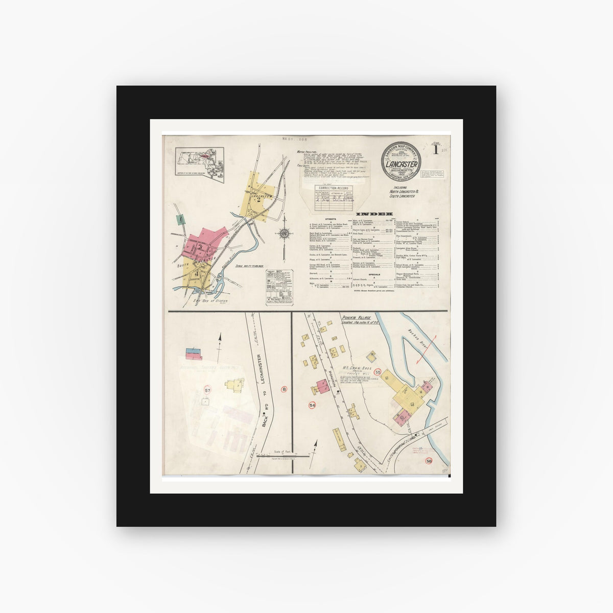 Old map wall art mockup — black gallery frame with white mat — Sanborn Fire Insurance Map from Lancaster, Worcester County, Massachusetts (1945), Sheet #0001