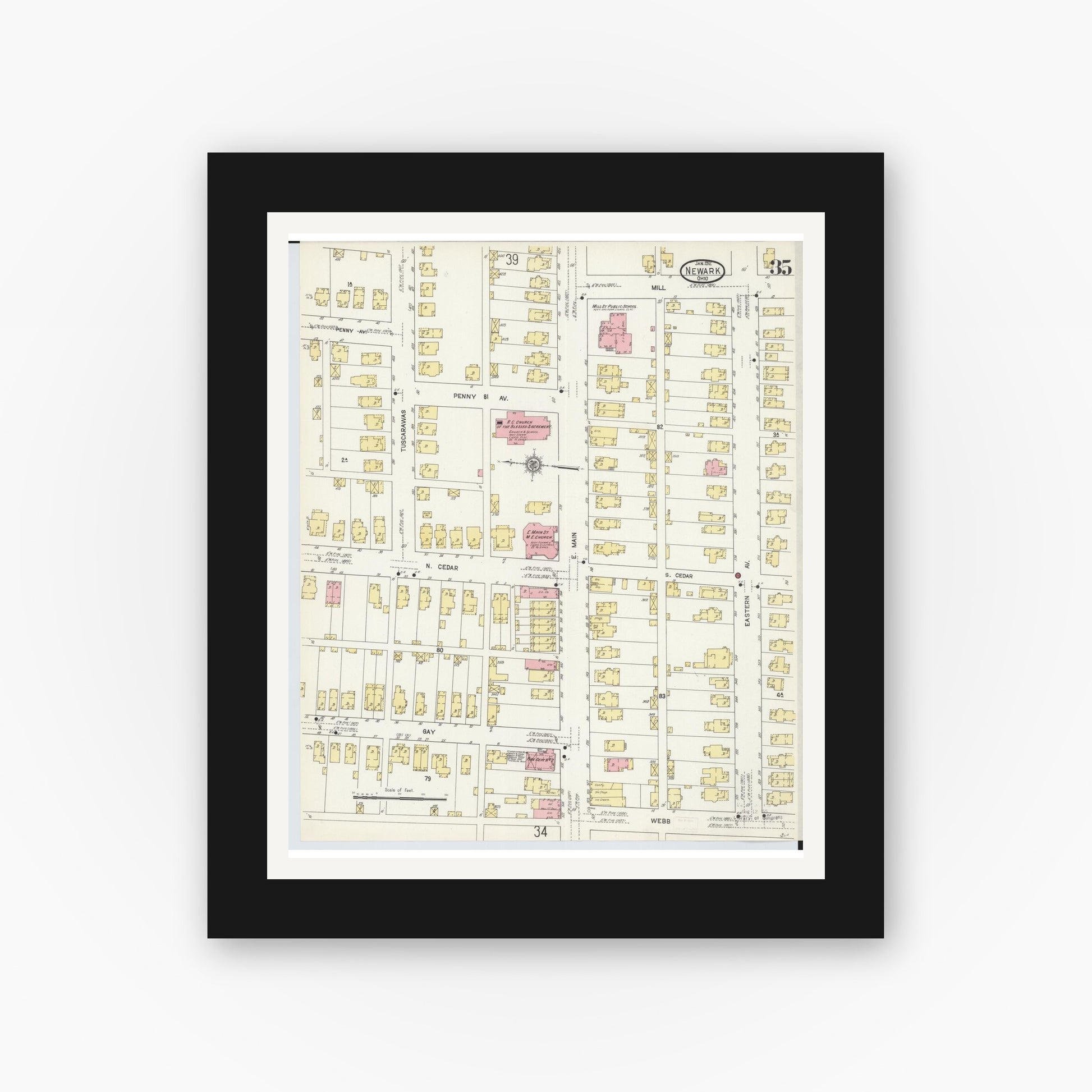 Old map wall art mockup — black gallery frame with white mat — Sanborn Fire Insurance Map from Newark, Licking County, Ohio (1912), Sheet #0035