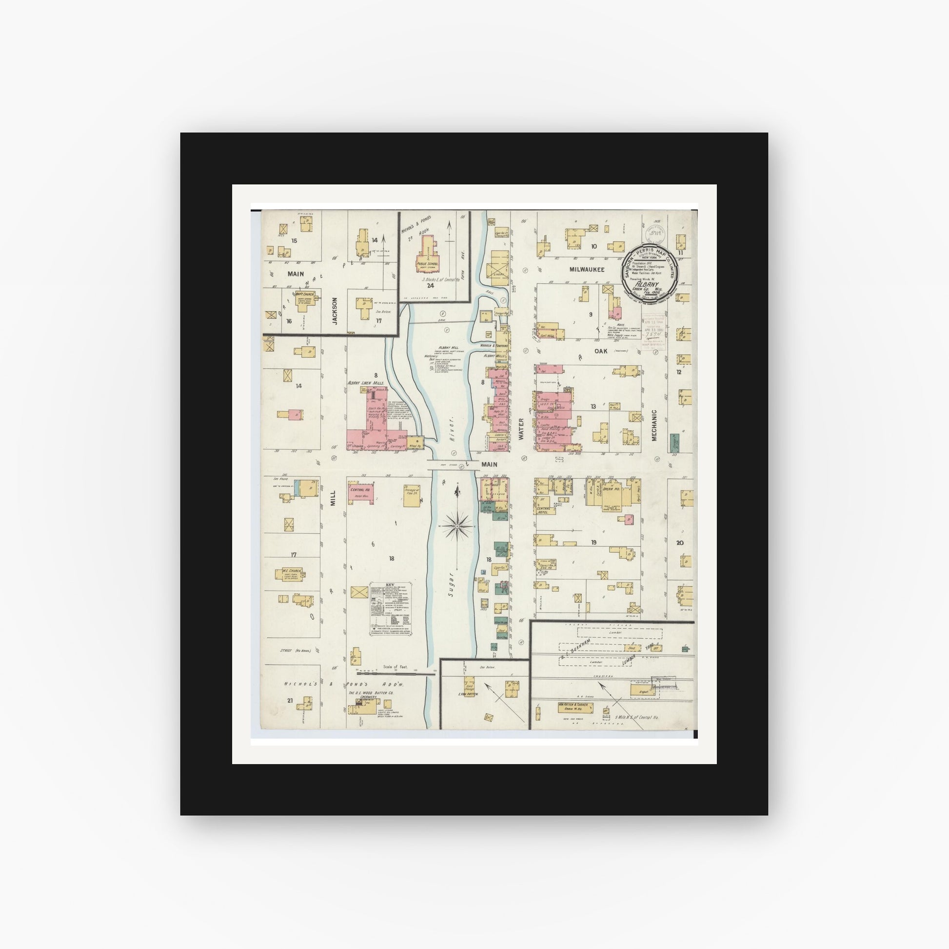 Old map wall art mockup — black gallery frame with white mat — Sanborn Fire Insurance Map from Albany, Green County, Wisconsin (1900), Sheet #0001