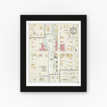 Old map wall art mockup — black gallery frame with white mat — Sanborn Fire Insurance Map from Albany, Green County, Wisconsin (1900), Sheet #0001