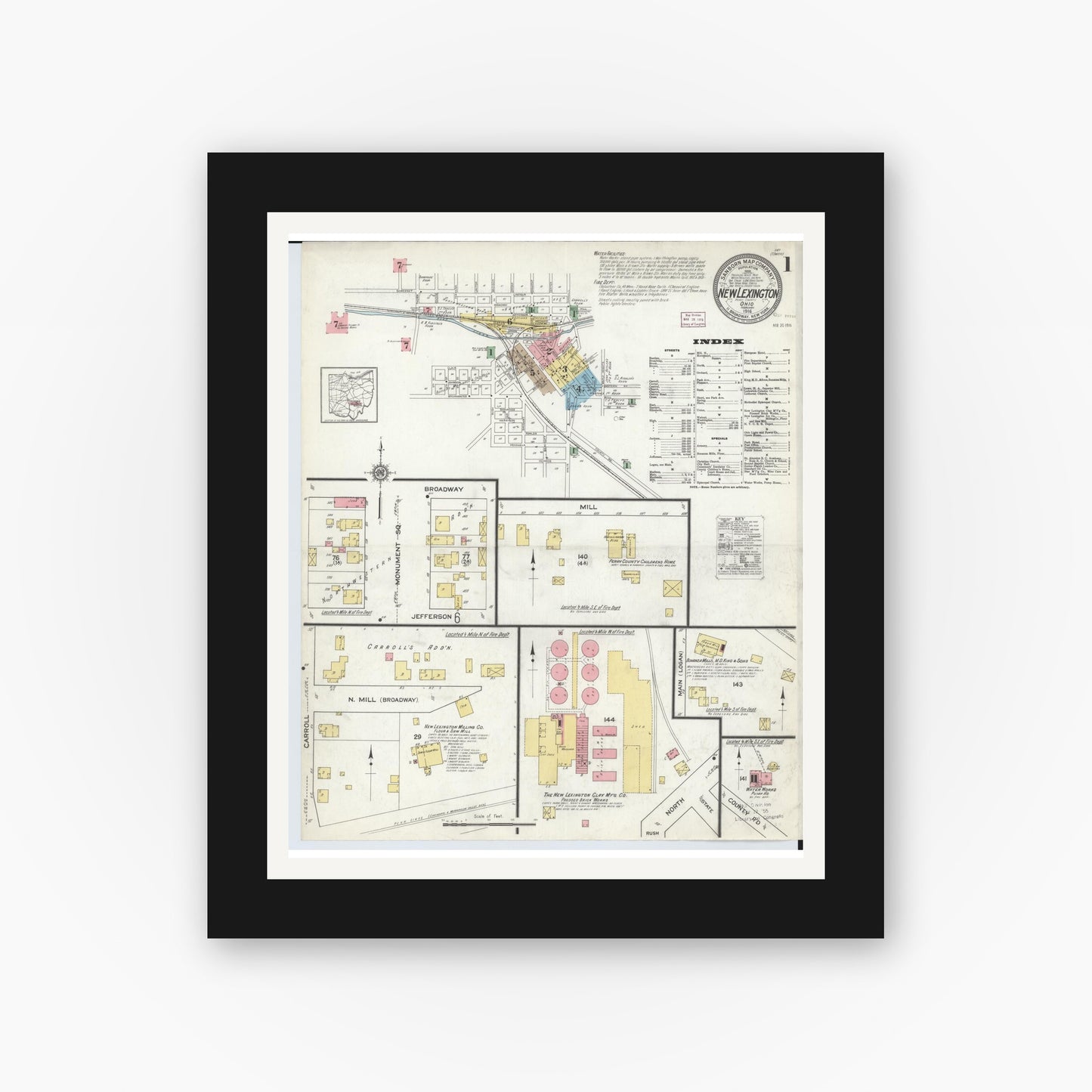 Old map wall art mockup — black gallery frame with white mat — Sanborn Fire Insurance Map from New Lexington, Perry County, Ohio (1916), Sheet #0001