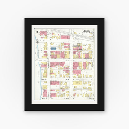 Old map wall art mockup — black gallery frame with white mat — Sanborn Fire Insurance Map from Uhrichsville, Tuscarawas County, Ohio (1923), Sheet #0002