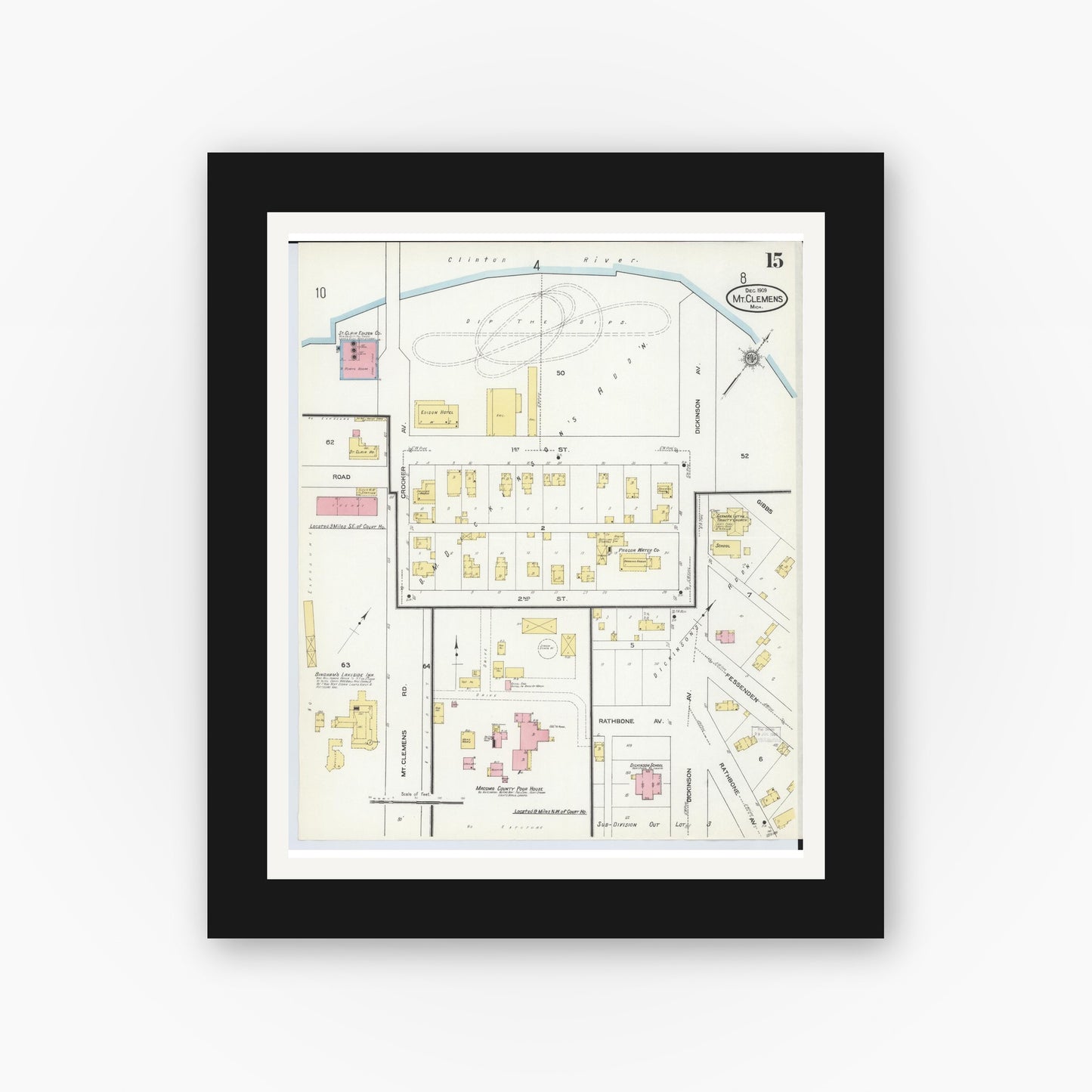 Old map wall art mockup — black gallery frame with white mat — Sanborn Fire Insurance Map from Mount Clemens, Macomb County, Michigan (1909), Sheet #0015