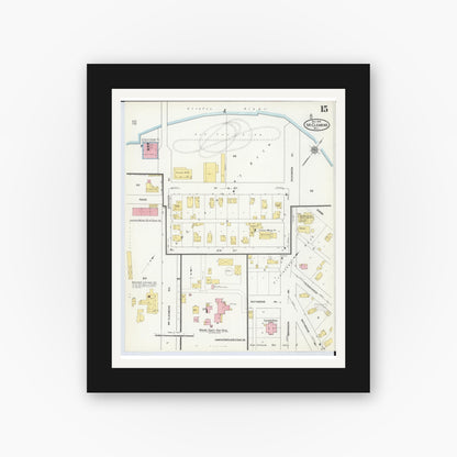 Old map wall art mockup — black gallery frame with white mat — Sanborn Fire Insurance Map from Mount Clemens, Macomb County, Michigan (1909), Sheet #0015