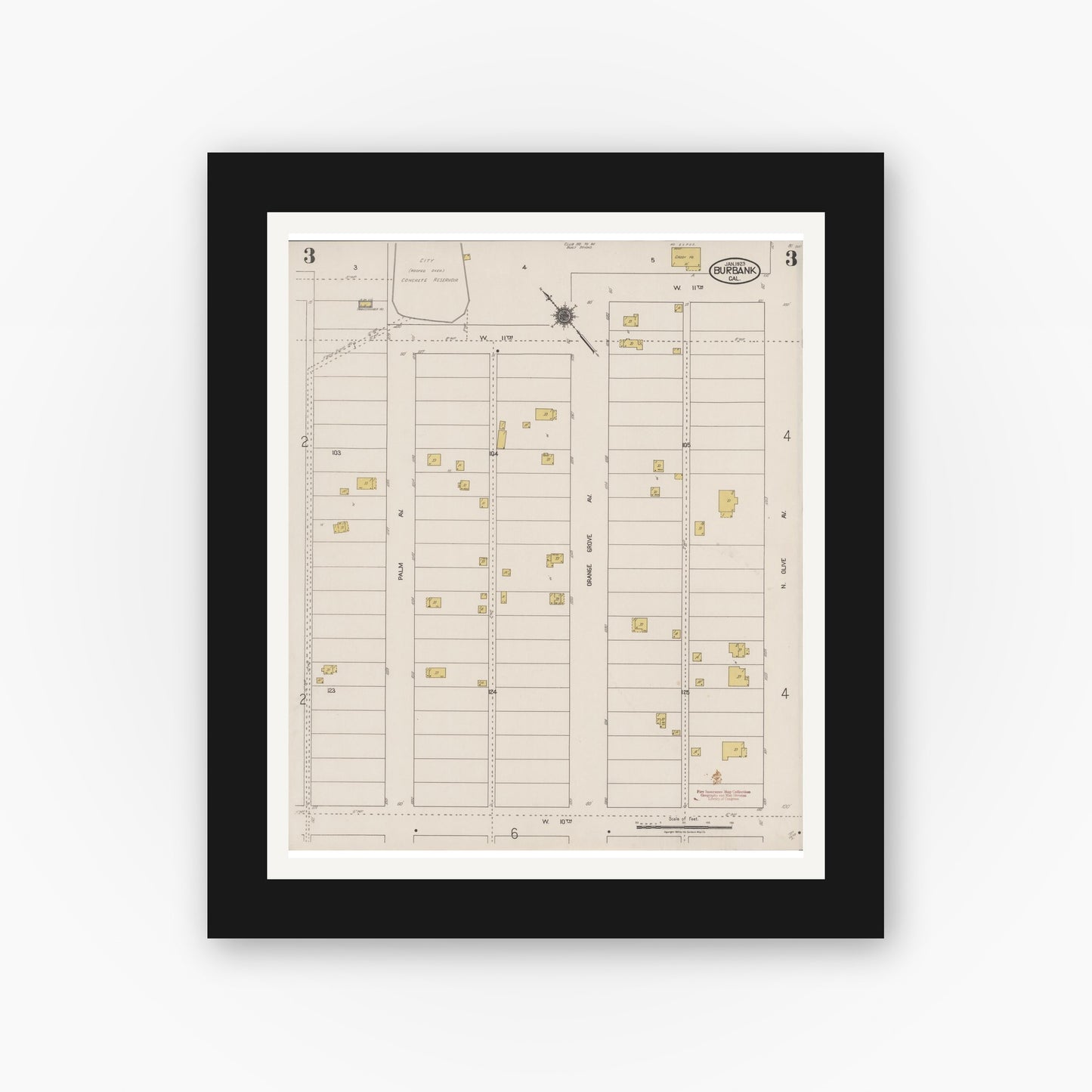 Old map wall art mockup — black gallery frame with white mat — Sanborn Fire Insurance Map from Burbank, Los Angeles County, California (1923), Sheet #0003