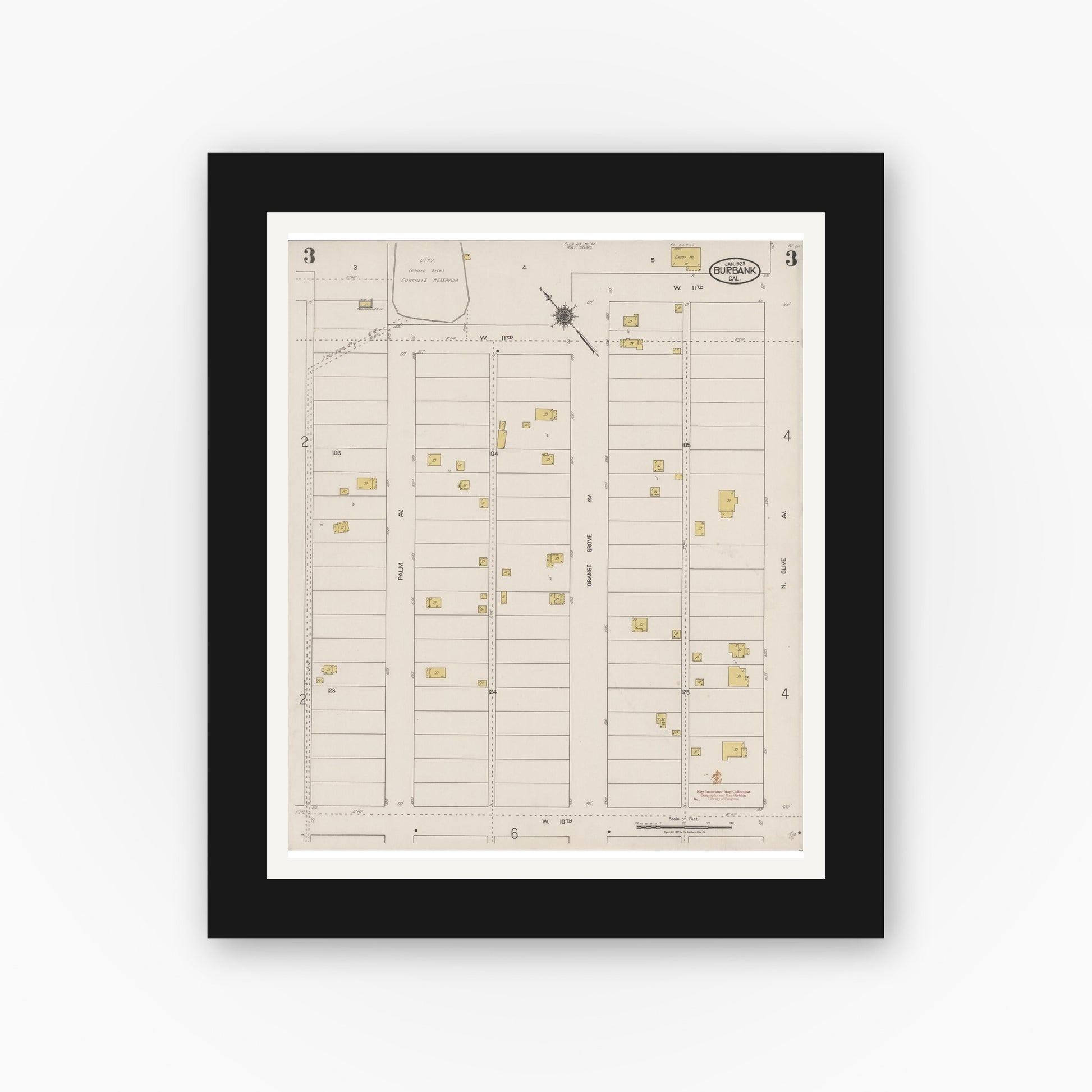 Old map wall art mockup — black gallery frame with white mat — Sanborn Fire Insurance Map from Burbank, Los Angeles County, California (1923), Sheet #0003