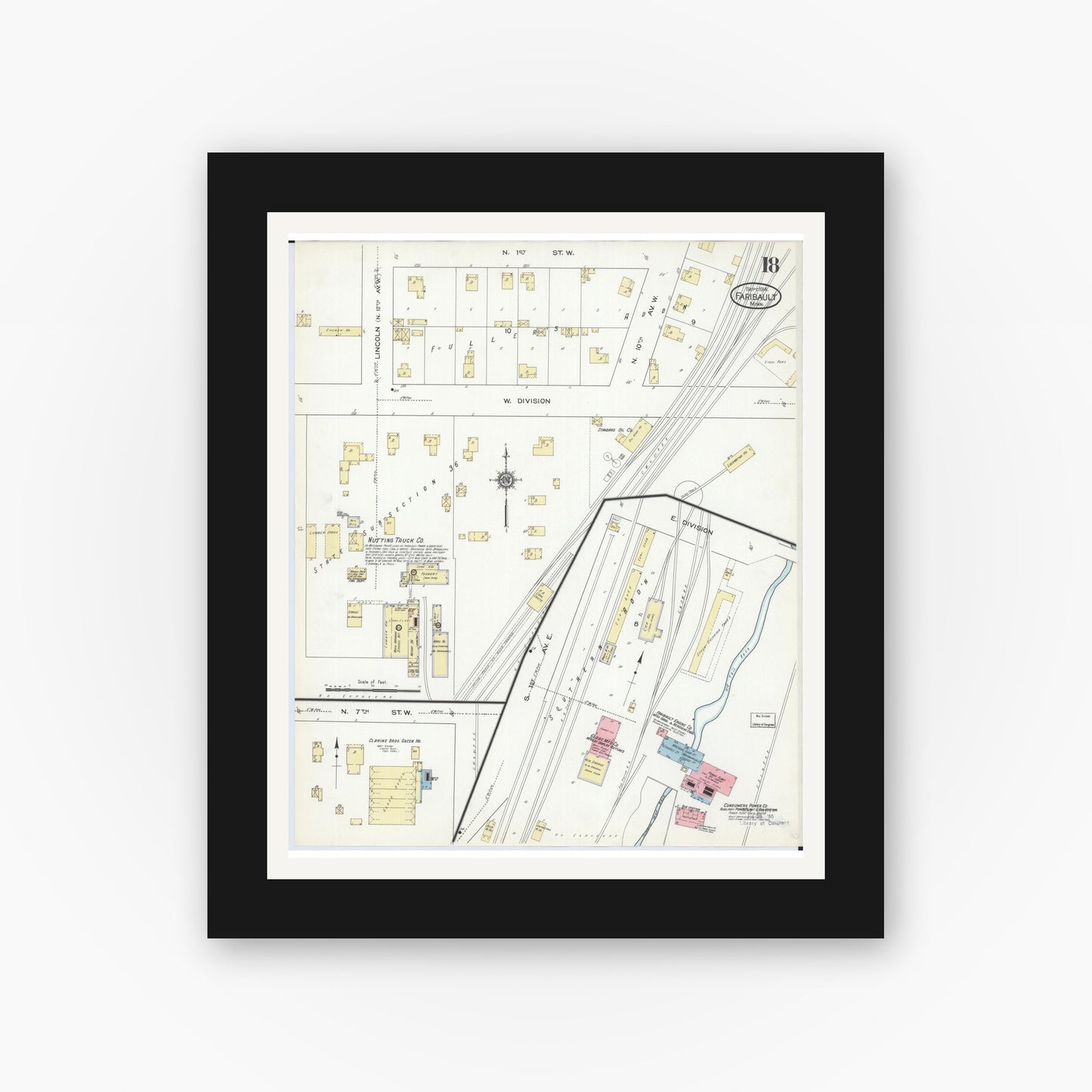 Old map wall art mockup — black gallery frame with white mat — Sanborn Fire Insurance Map from Faribault, Rice County, Minnesota (1914), Sheet #0018