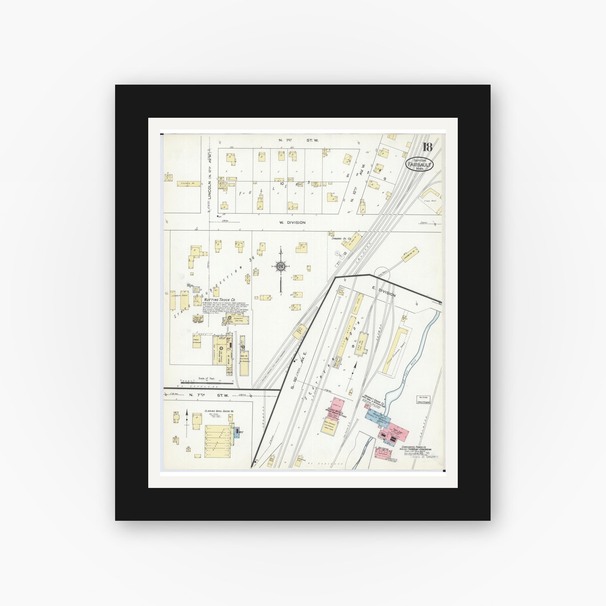 Old map wall art mockup — black gallery frame with white mat — Sanborn Fire Insurance Map from Faribault, Rice County, Minnesota (1914), Sheet #0018