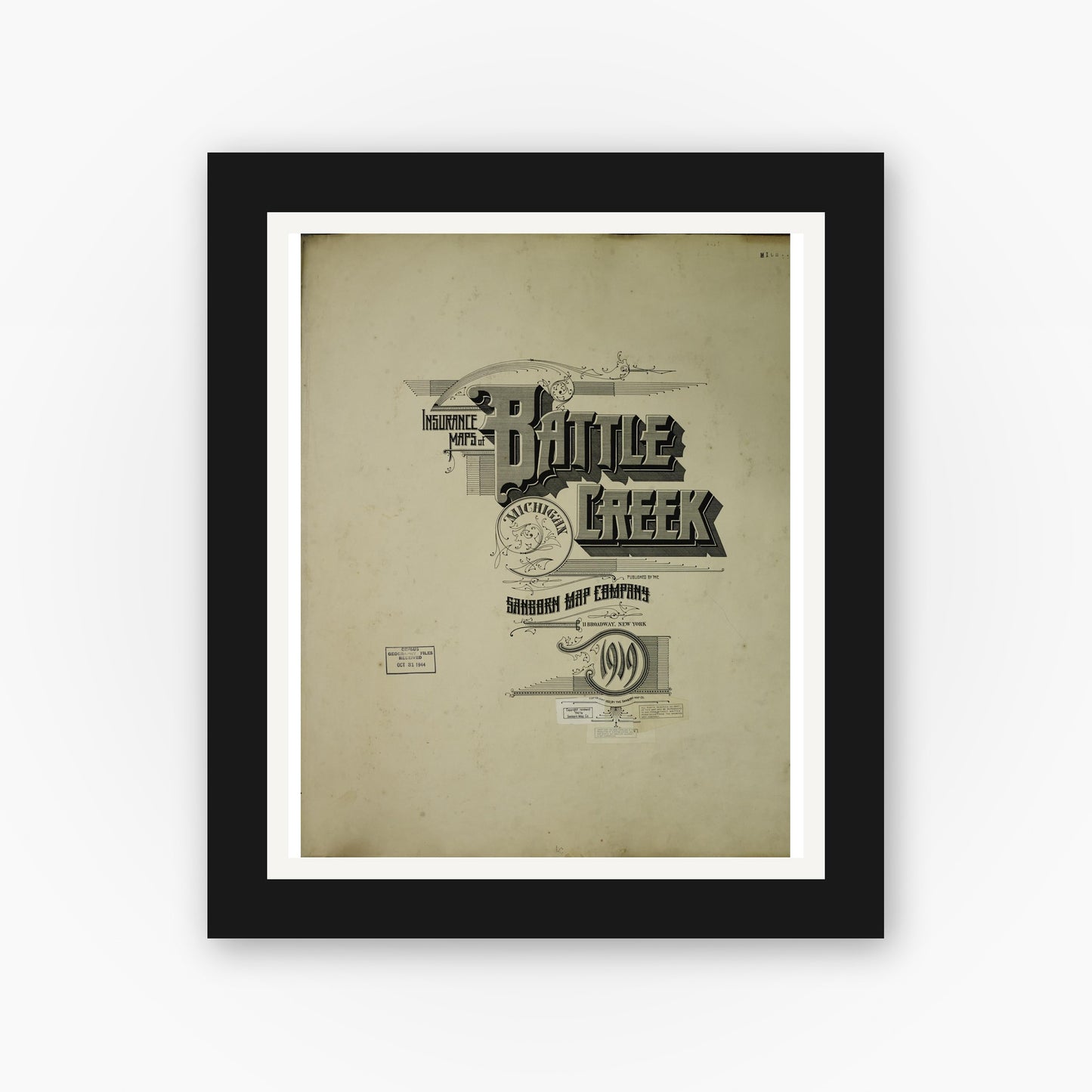 Old map wall art mockup — black gallery frame with white mat — Sanborn Fire Insurance Map from Battle Creek, Calhoun County, Michigan (1950), Sheet #0001