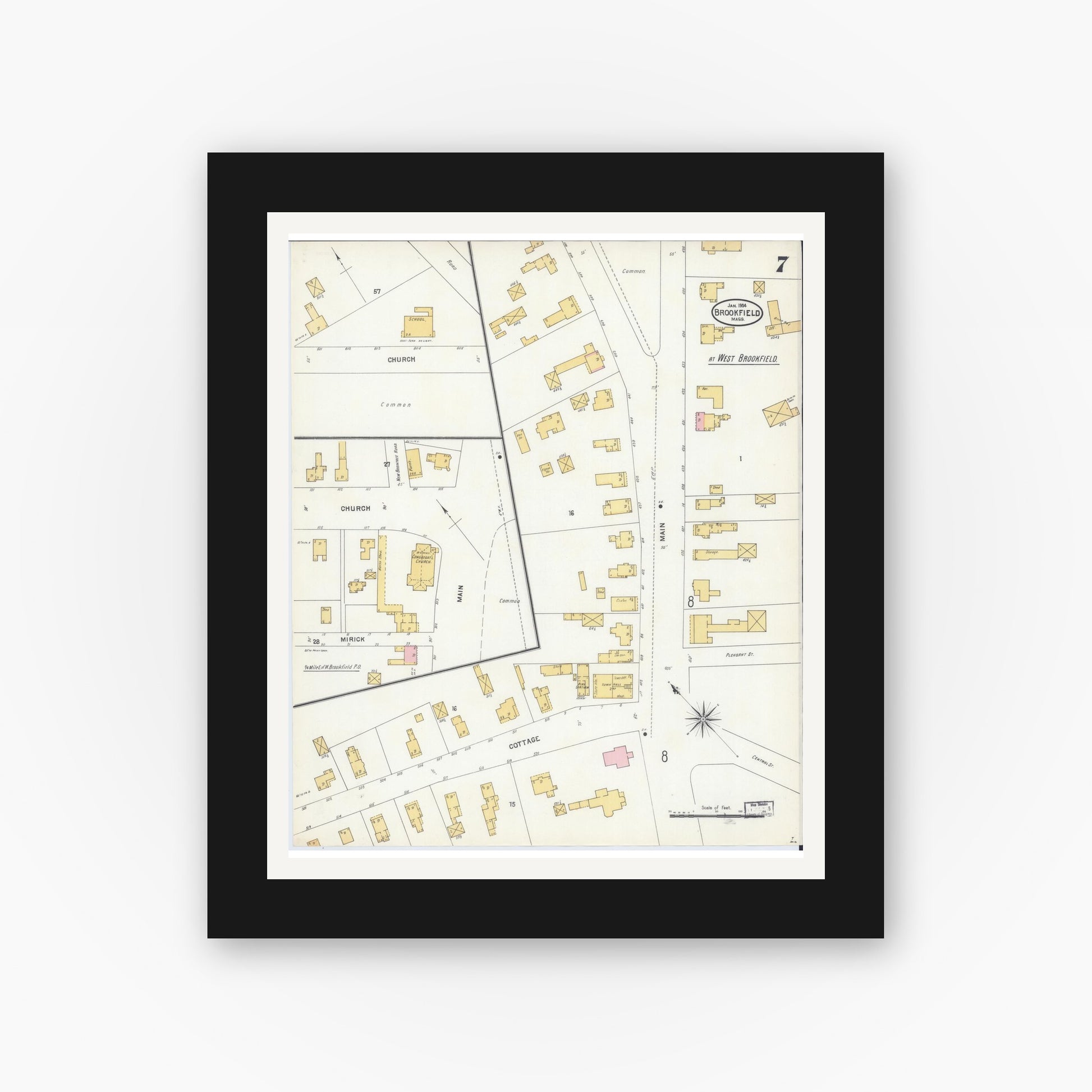 Old map wall art mockup — black gallery frame with white mat — Sanborn Fire Insurance Map from Brookfield, Worcester County, Massachusetts (1904), Sheet #0007