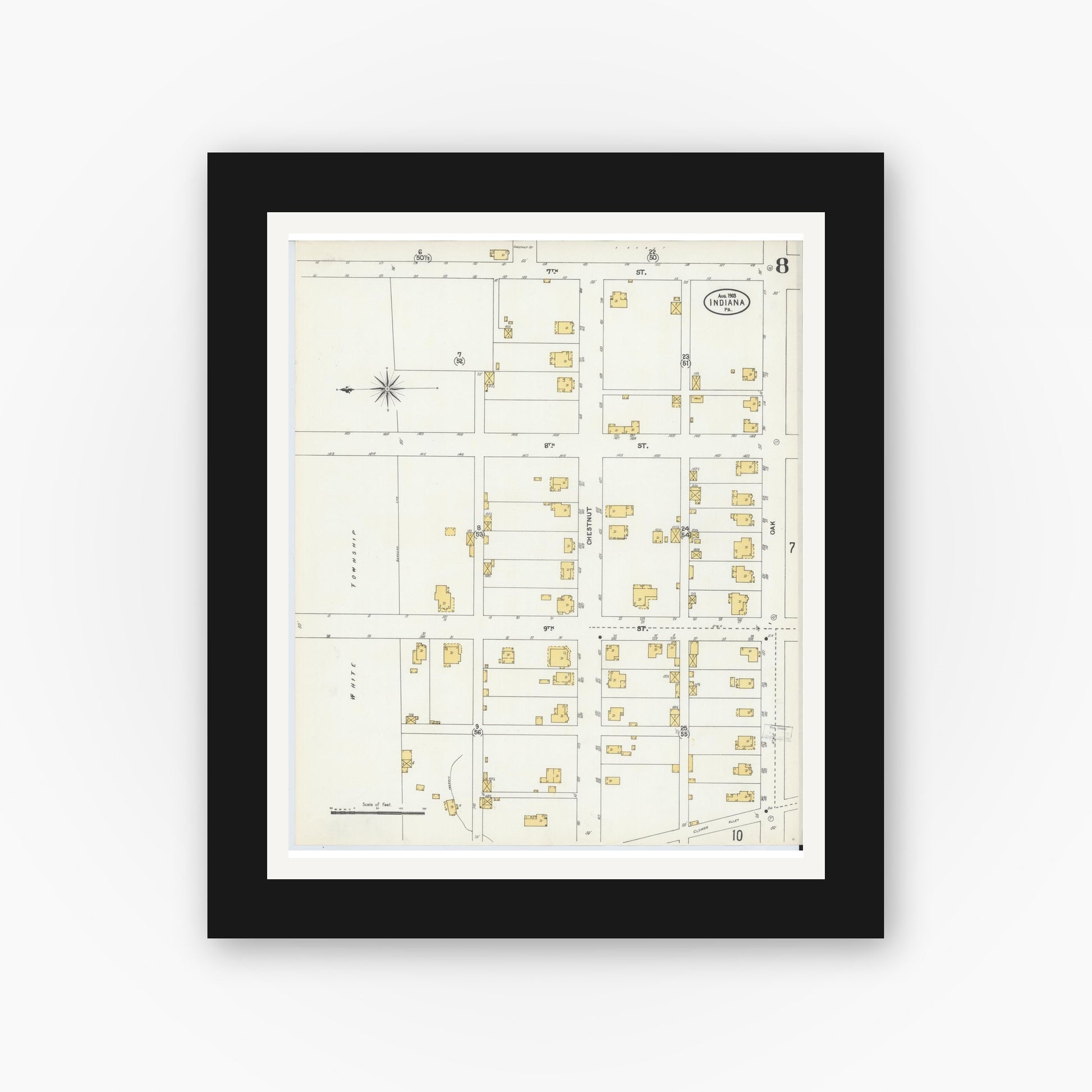 Old map wall art mockup — black gallery frame with white mat — Sanborn Fire Insurance Map from Indiana, Indiana County, Pennsylvania (1903), Sheet #0008