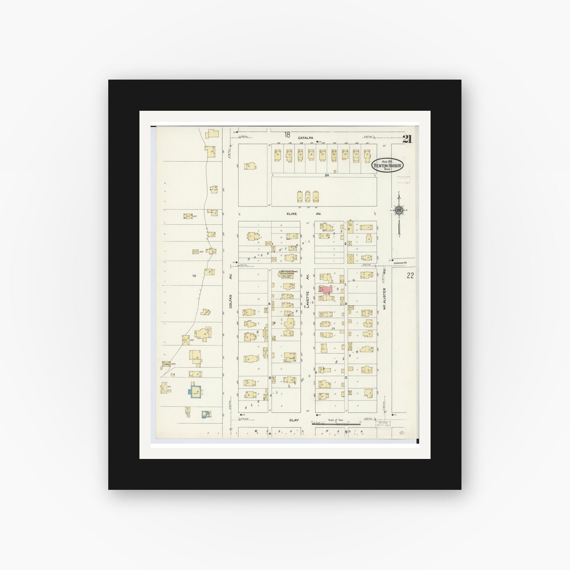 Old map wall art mockup — black gallery frame with white mat — Sanborn Fire Insurance Map from Benton Harbor, Berrien County, Michigan (1911), Sheet #0021