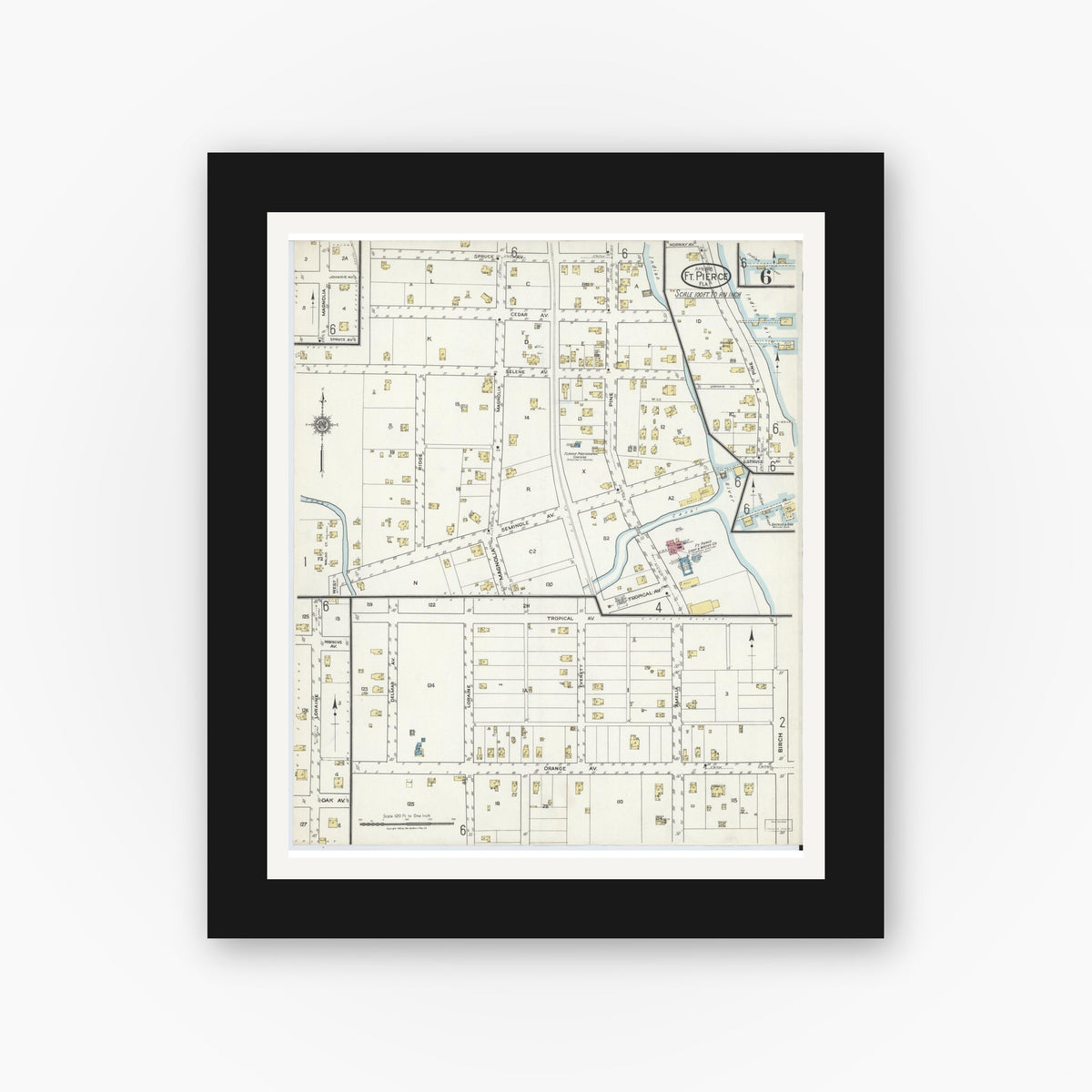 Old map wall art mockup — black gallery frame with white mat — Sanborn Fire Insurance Map from Fort Pierce, St Lucie County, Florida (1918), Sheet #0006