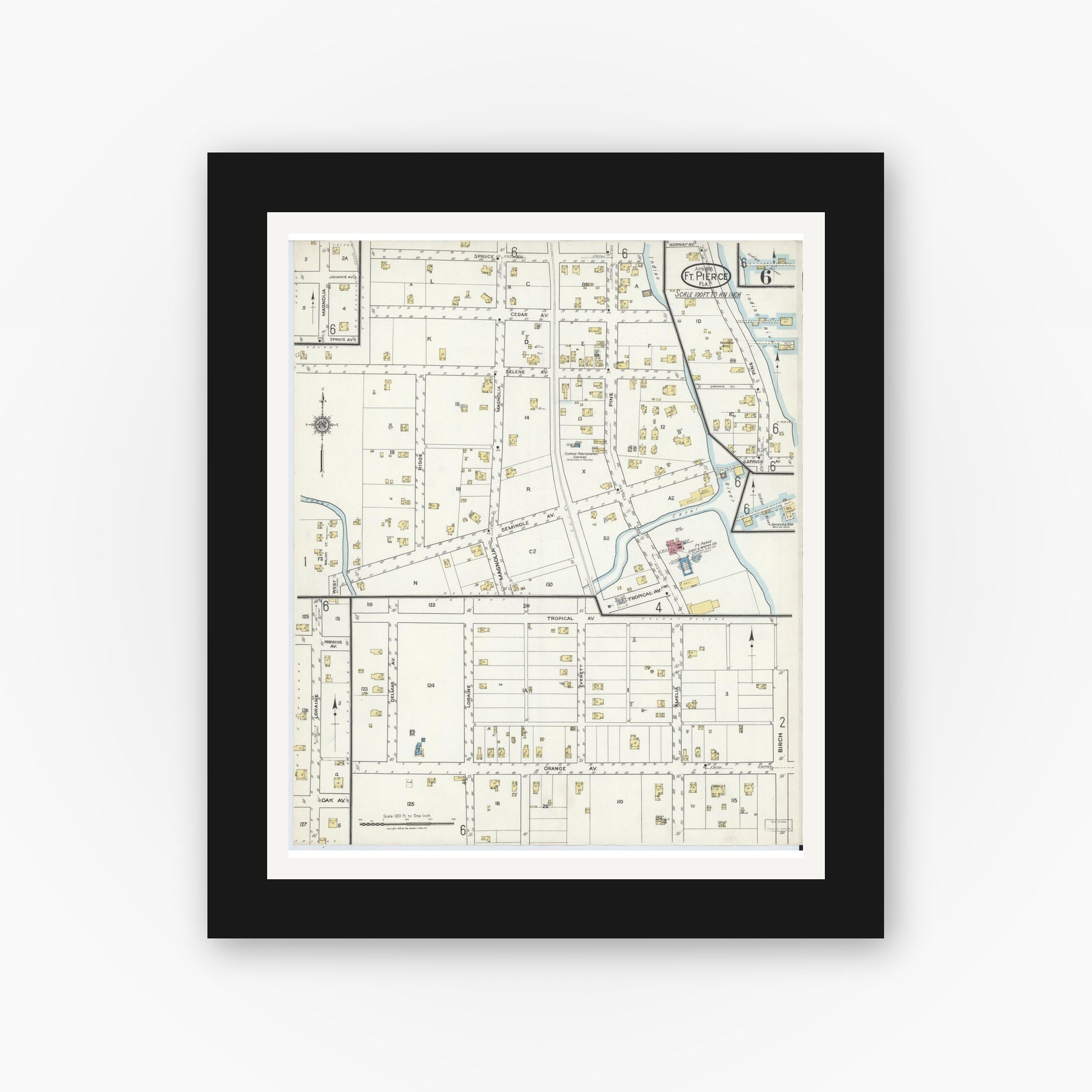 Old map wall art mockup — black gallery frame with white mat — Sanborn Fire Insurance Map from Fort Pierce, St Lucie County, Florida (1918), Sheet #0006
