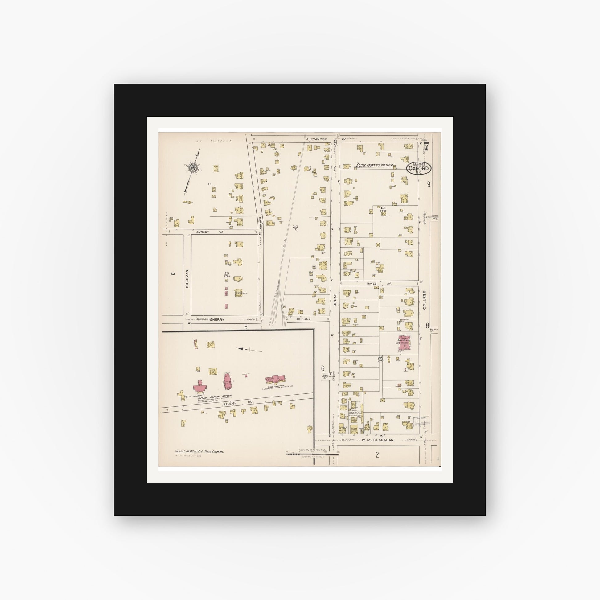 Old map wall art mockup — black gallery frame with white mat — Sanborn Fire Insurance Map from Oxford, Granville County, North Carolina (1922), Sheet #0007