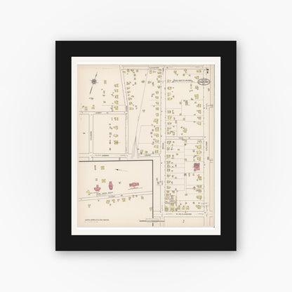 Old map wall art mockup — black gallery frame with white mat — Sanborn Fire Insurance Map from Oxford, Granville County, North Carolina (1922), Sheet #0007