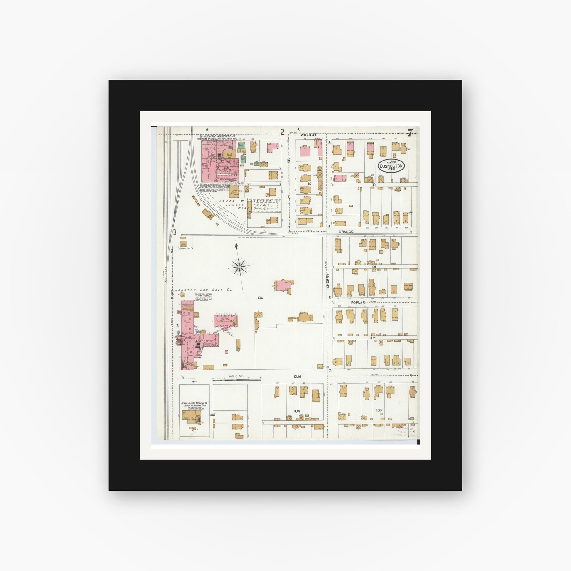 Old map wall art mockup — black gallery frame with white mat — Sanborn Fire Insurance Map from Coshocton, Coshocton County, Ohio (1899), Sheet #0007