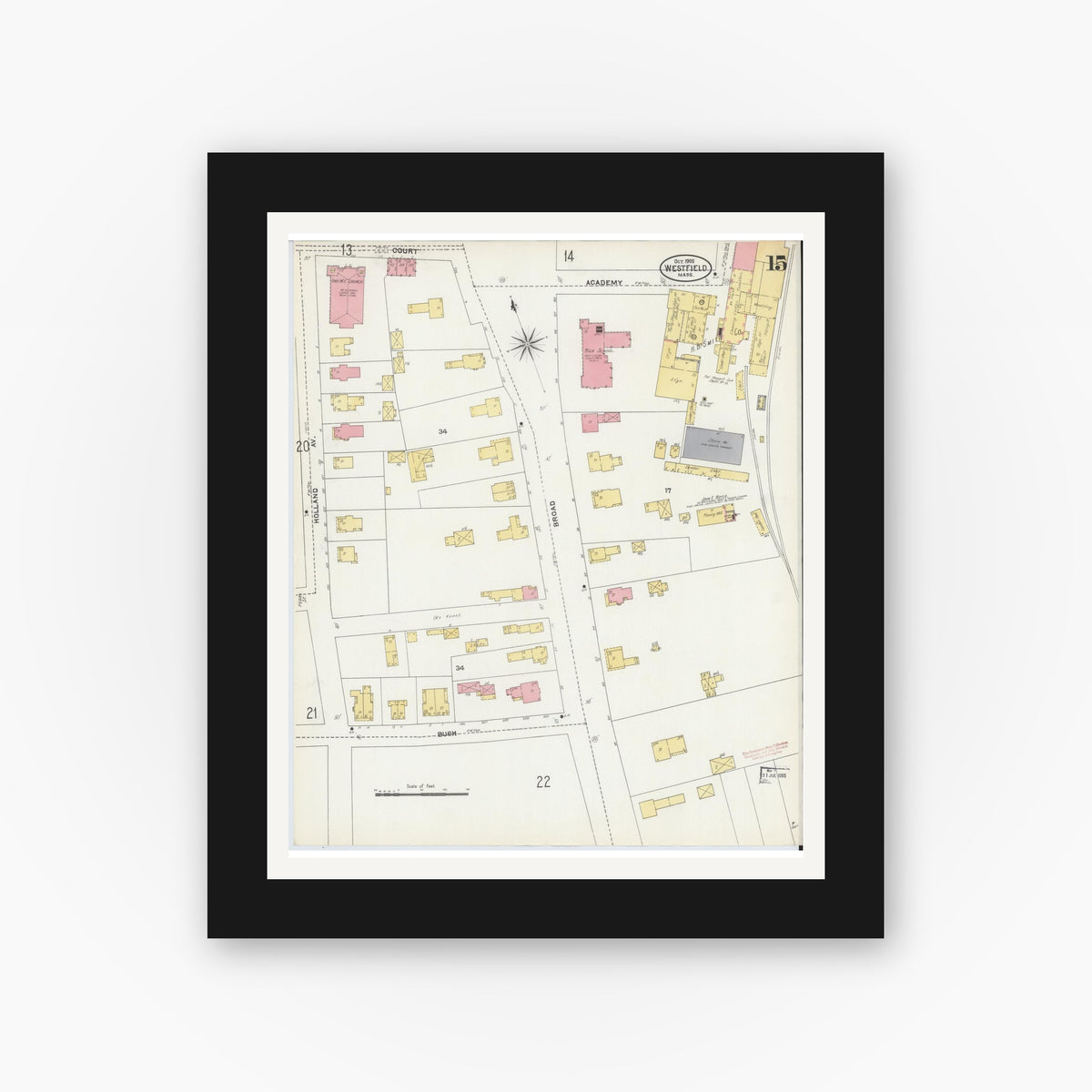 Old map wall art mockup — black gallery frame with white mat — Sanborn Fire Insurance Map from Westfield, Hampden County, Massachusetts (1905), Sheet #0015