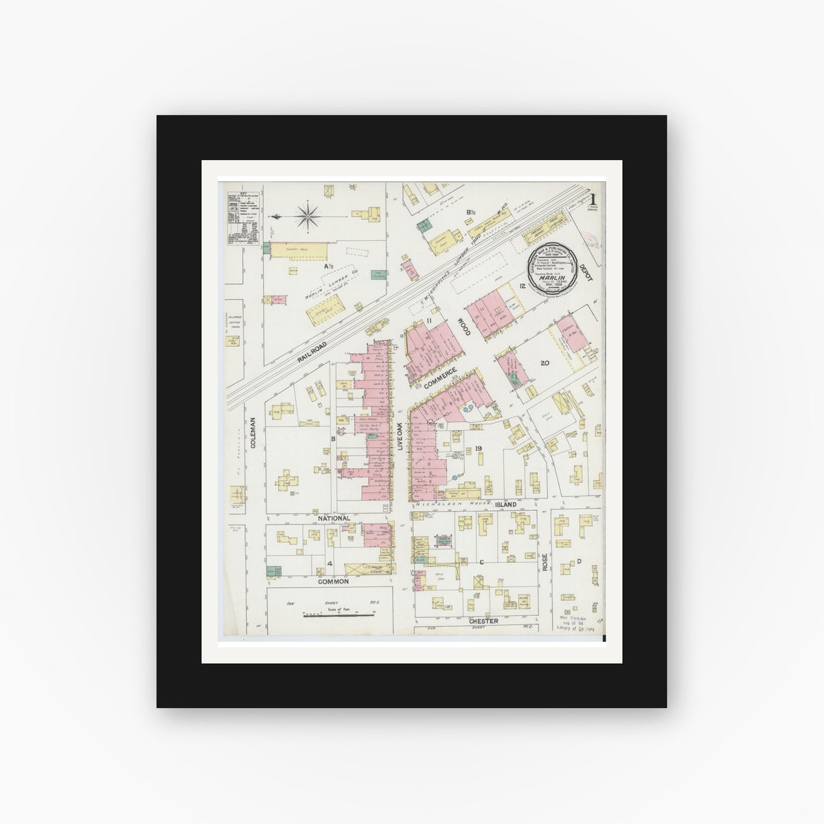 Old map wall art mockup — black gallery frame with white mat — Sanborn Fire Insurance Map from Marlin, Falls County, Texas (1889), Sheet #0001