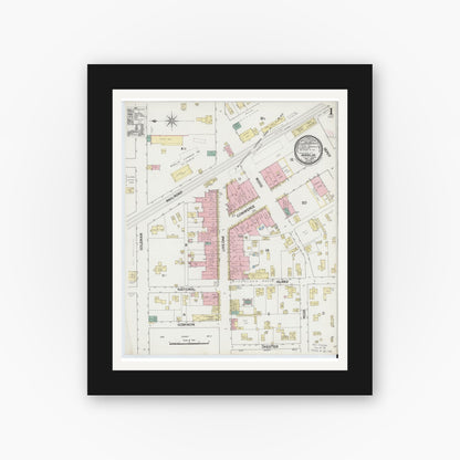 Old map wall art mockup — black gallery frame with white mat — Sanborn Fire Insurance Map from Marlin, Falls County, Texas (1889), Sheet #0001