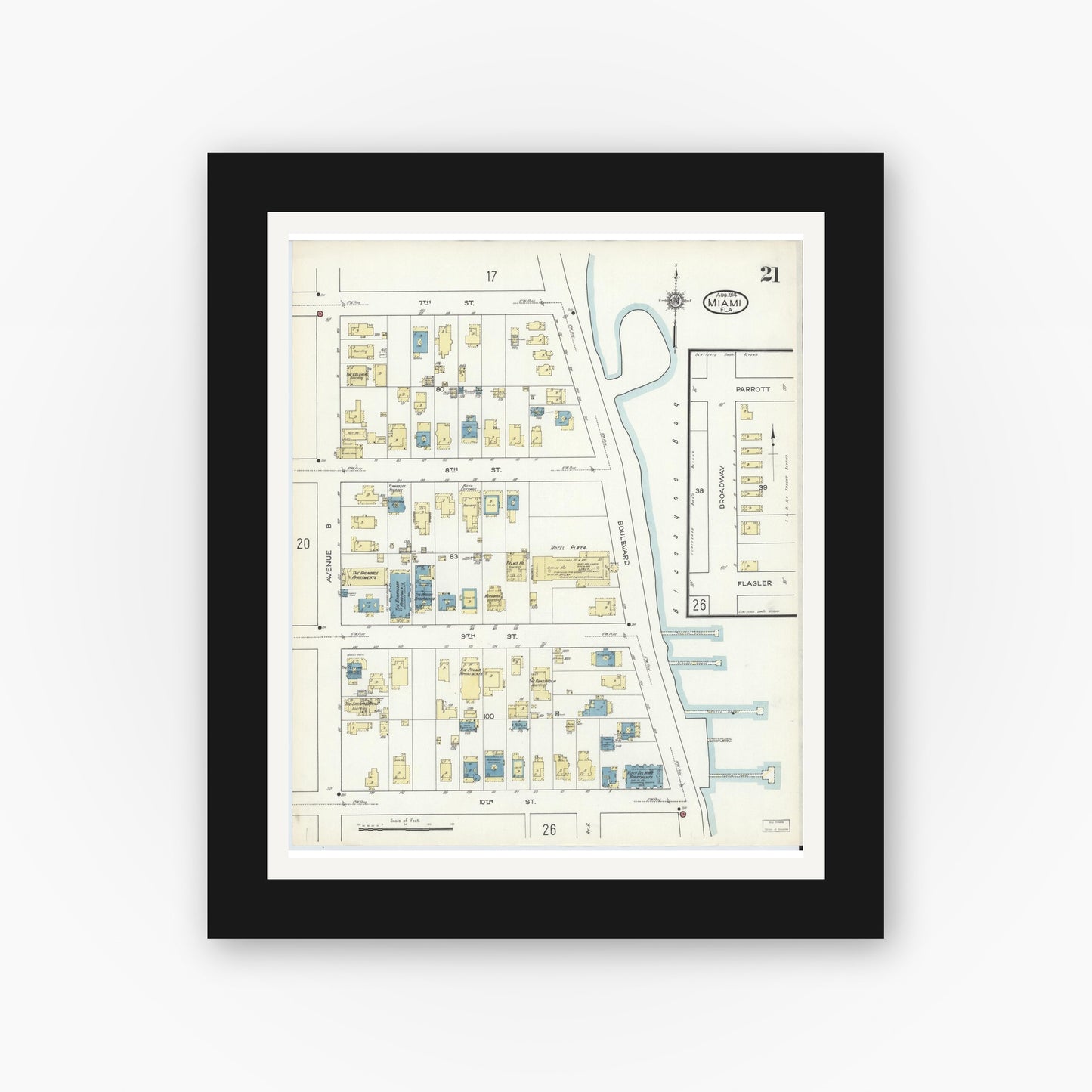 Old map wall art mockup — black gallery frame with white mat — Sanborn Fire Insurance Map from Miami, Dade County, Florida (1914), Sheet #0021