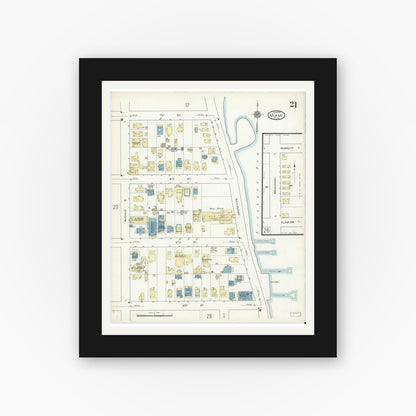 Old map wall art mockup — black gallery frame with white mat — Sanborn Fire Insurance Map from Miami, Dade County, Florida (1914), Sheet #0021