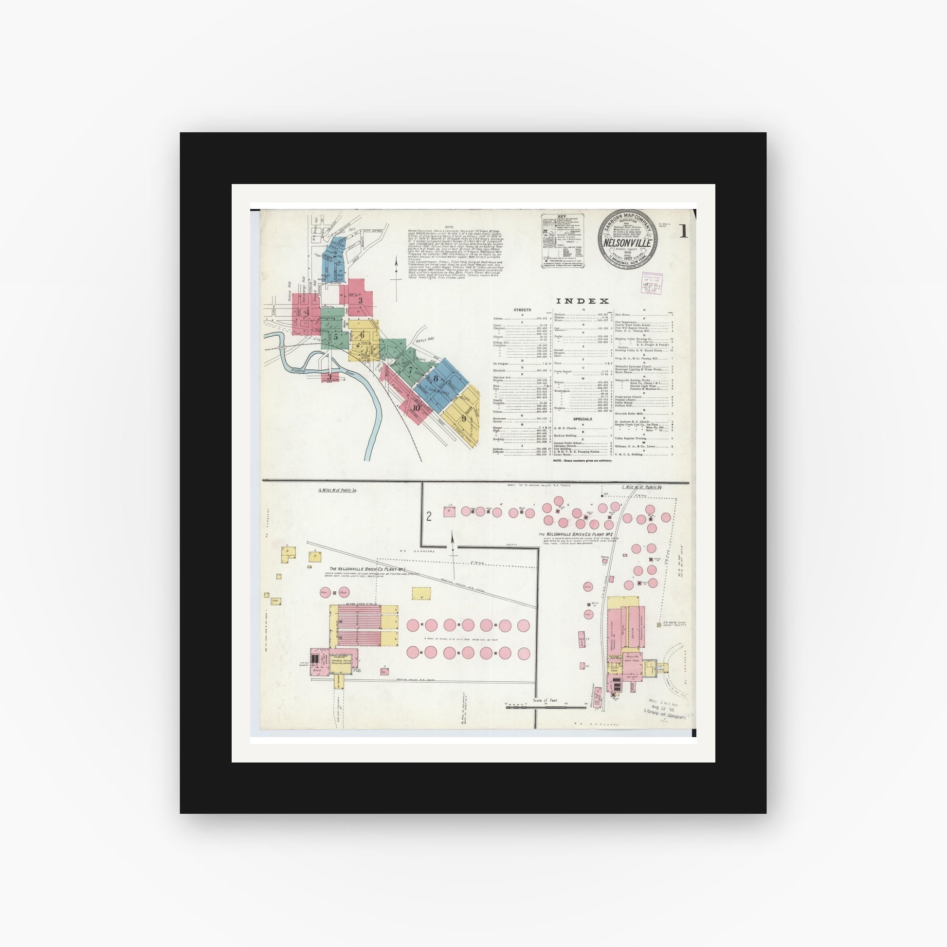 Old map wall art mockup — black gallery frame with white mat — Sanborn Fire Insurance Map from Nelsonville, Athens County, Ohio (1907), Sheet #0001