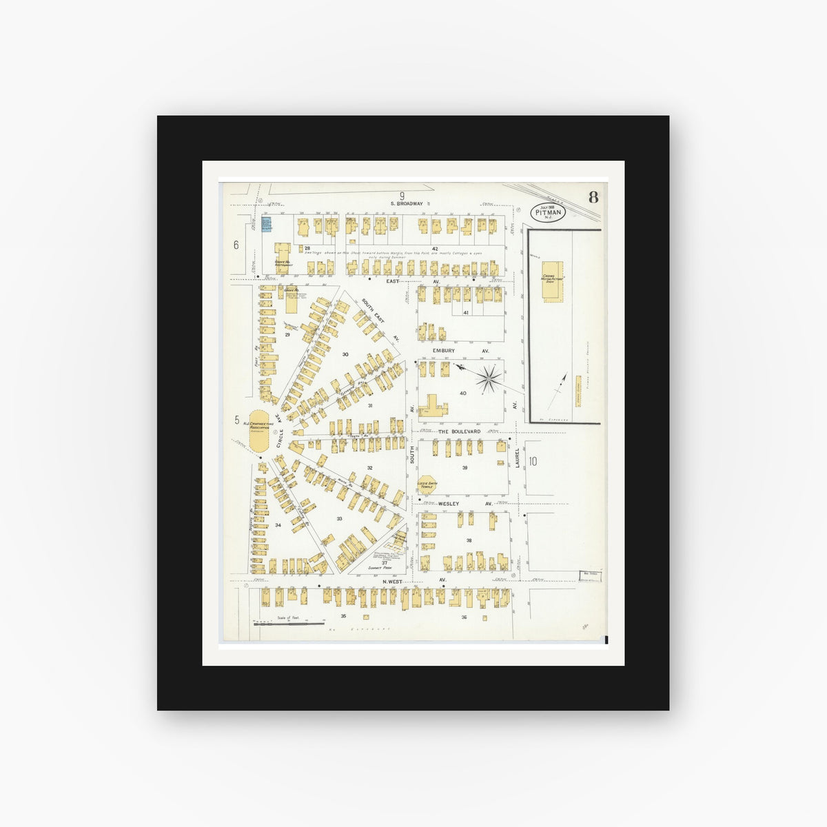Old map wall art mockup — black gallery frame with white mat — Sanborn Fire Insurance Map from Pitman, Gloucester County, New Jersey (1908), Sheet #0008