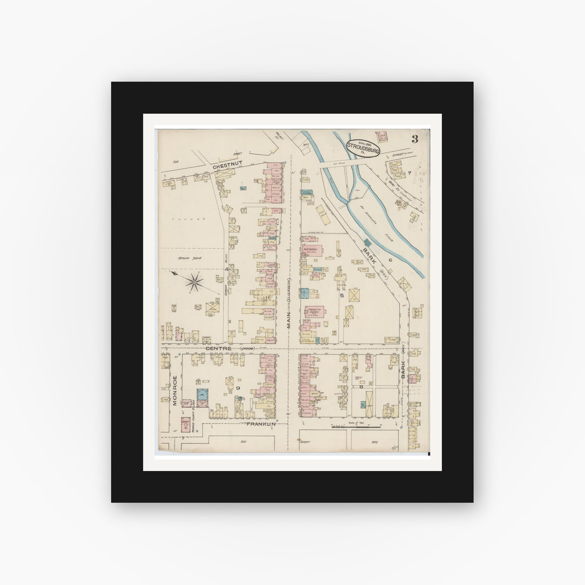 Old map wall art mockup — black gallery frame with white mat — Sanborn Fire Insurance Map from Stroudsburg, Monroe County, Pennsylvania (1885), Sheet #0003