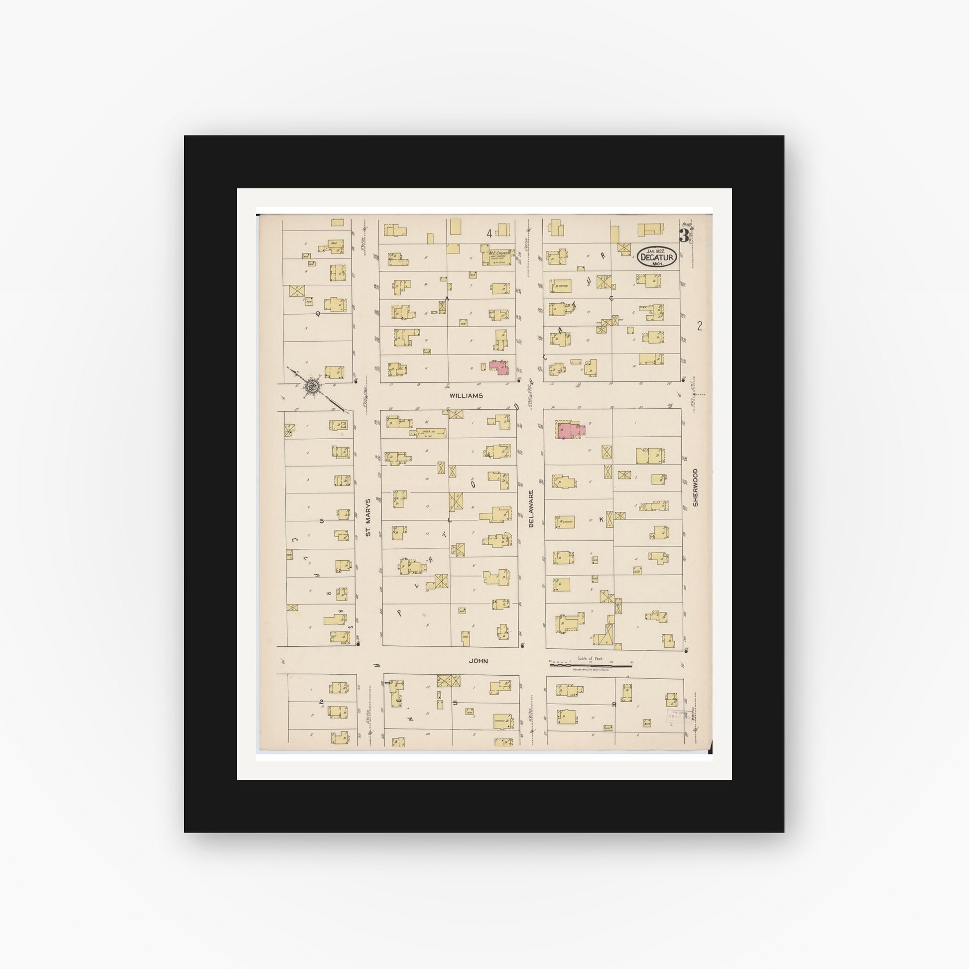 Old map wall art mockup — black gallery frame with white mat — Sanborn Fire Insurance Map from Decatur, Van Buren County, Michigan (1922), Sheet #0003