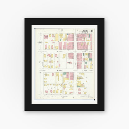 Old map wall art mockup — black gallery frame with white mat — Sanborn Fire Insurance Map from Fostoria, Seneca, Hancock, And Wood Counties, Ohio (1908), Sheet #0018