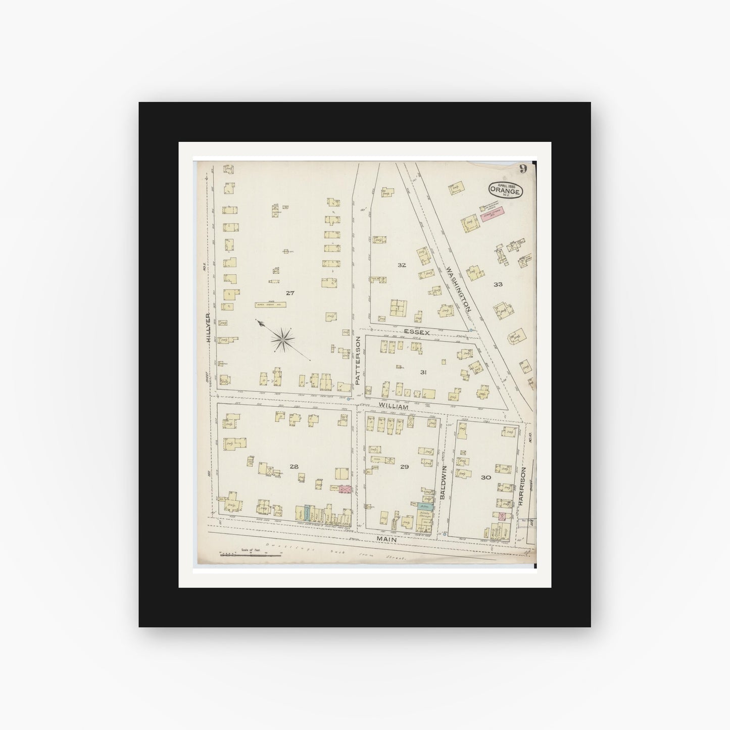 Old map wall art mockup — black gallery frame with white mat — Sanborn Fire Insurance Map from Orange, Essex County, New Jersey (1885), Sheet #0009