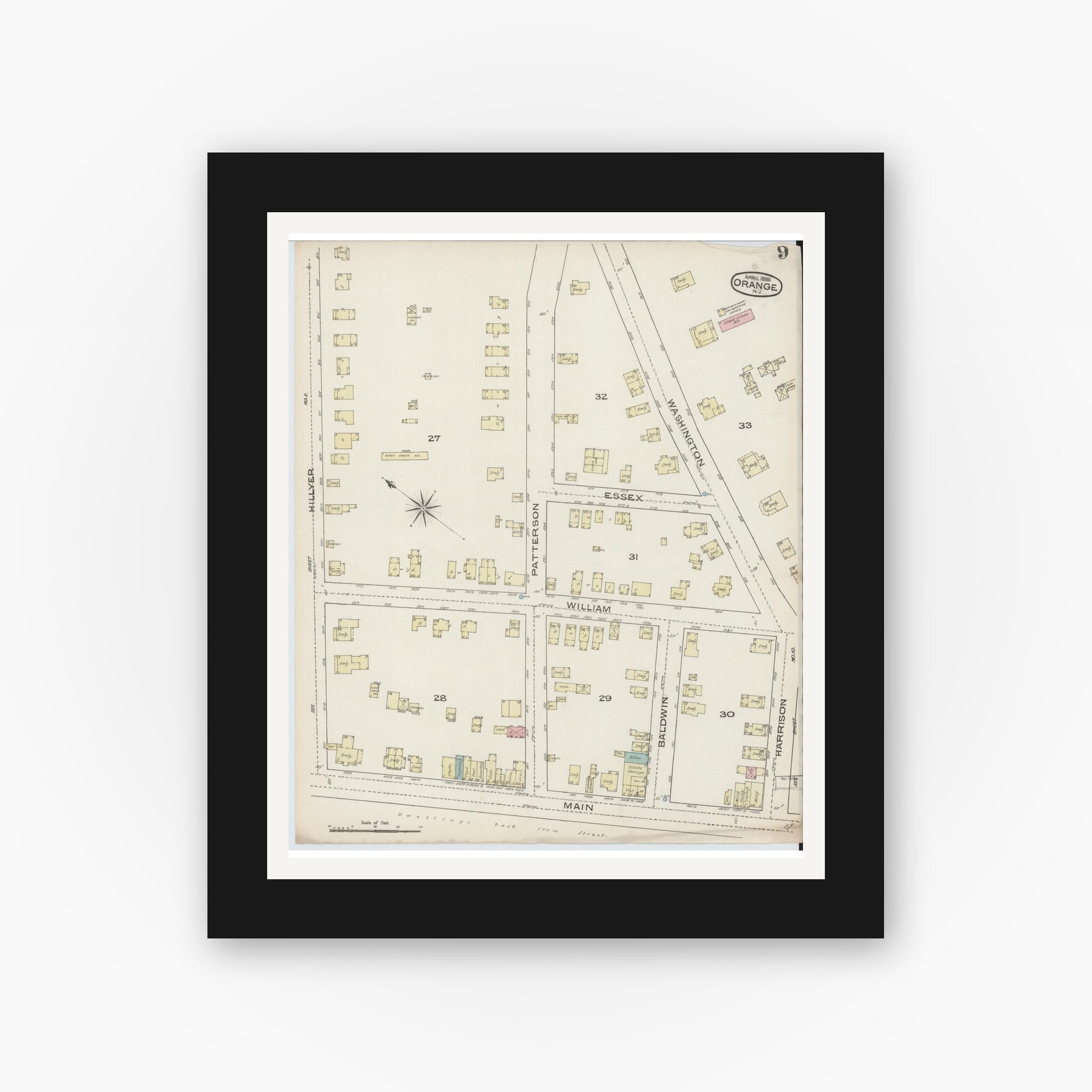Old map wall art mockup — black gallery frame with white mat — Sanborn Fire Insurance Map from Orange, Essex County, New Jersey (1885), Sheet #0009