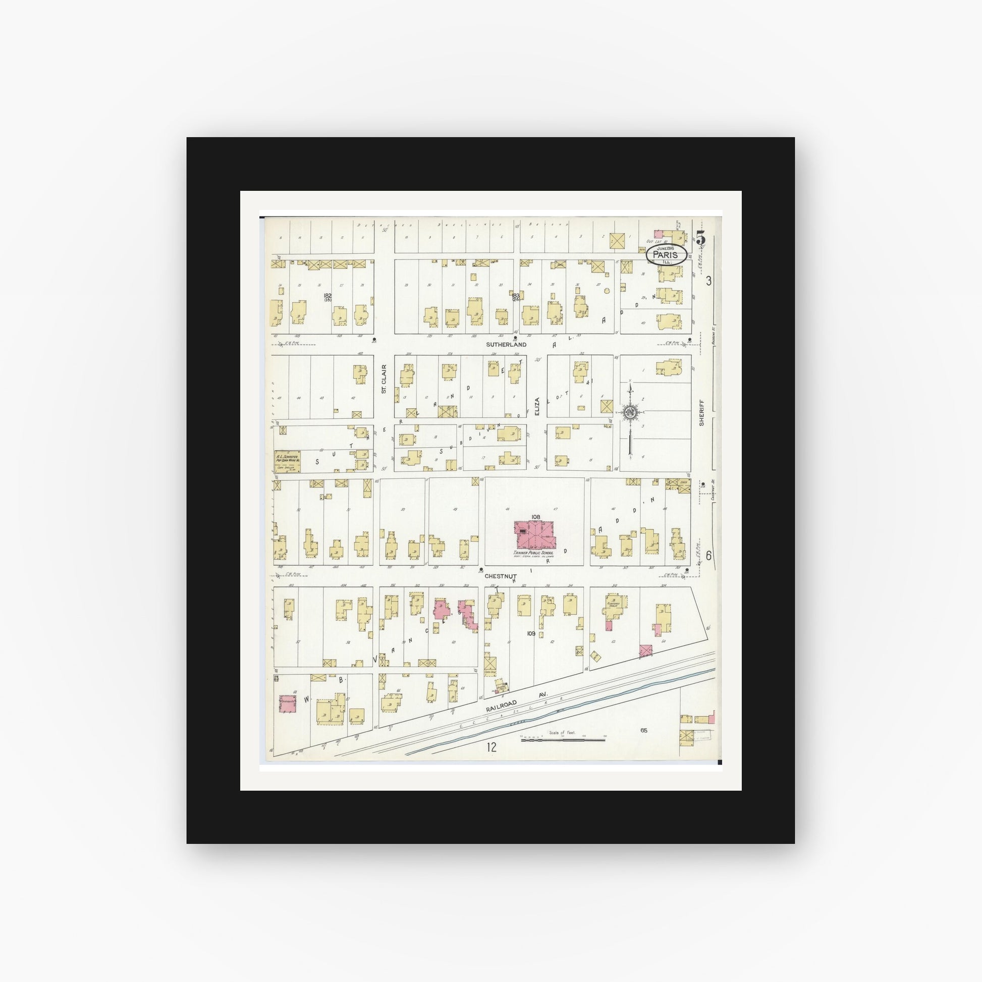 Old map wall art mockup — black gallery frame with white mat — Sanborn Fire Insurance Map from Paris, Edgar County, Illinois (1916), Sheet #0005