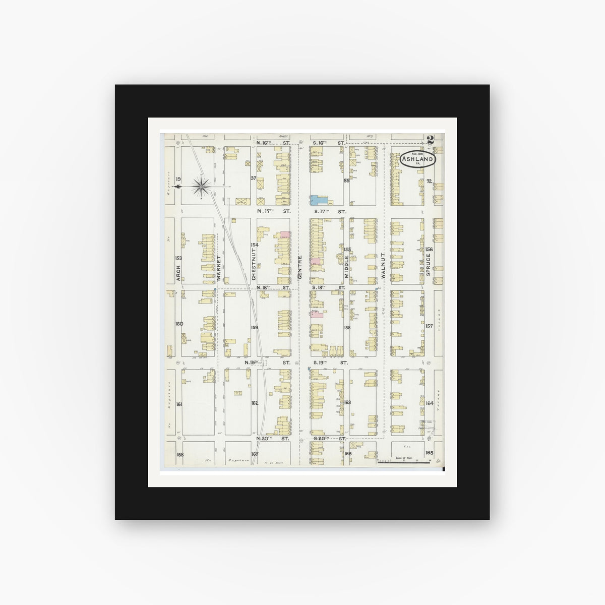 Old map wall art mockup — black gallery frame with white mat — Sanborn Fire Insurance Map from Ashland, Schuylkill County, Pennsylvania (1891), Sheet #0002
