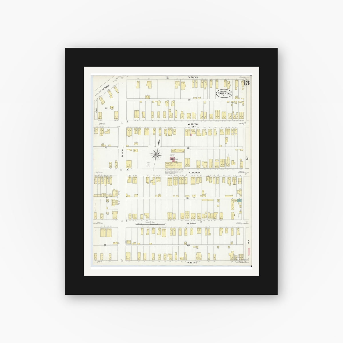 Old map wall art mockup — black gallery frame with white mat — Sanborn Fire Insurance Map from Nanticoke, Luzerne County, Pennsylvania (1907), Sheet #0013