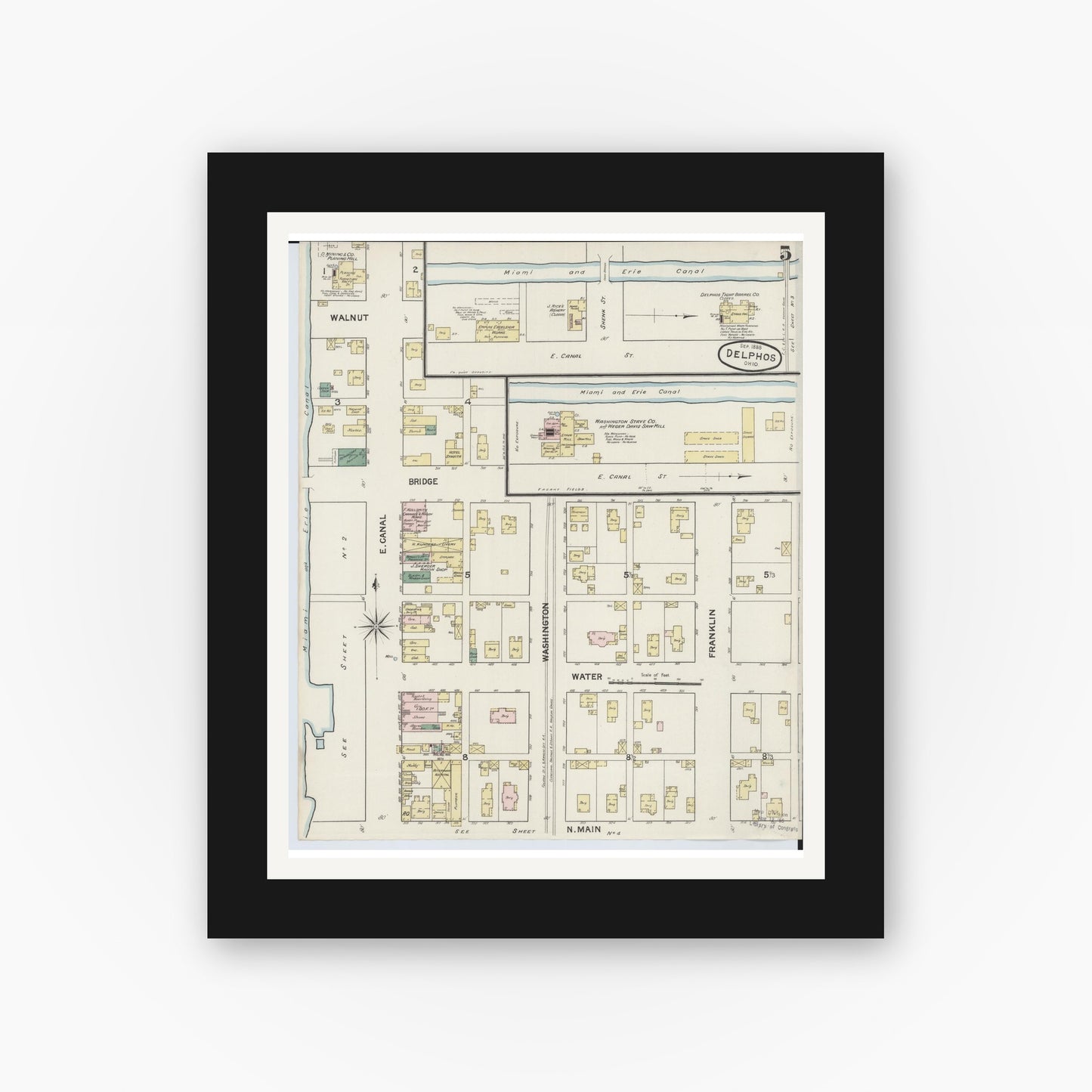 Old map wall art mockup — black gallery frame with white mat — Sanborn Fire Insurance Map from Delphos, Van Wert And Allen Counties, Ohio (1888), Sheet #0005