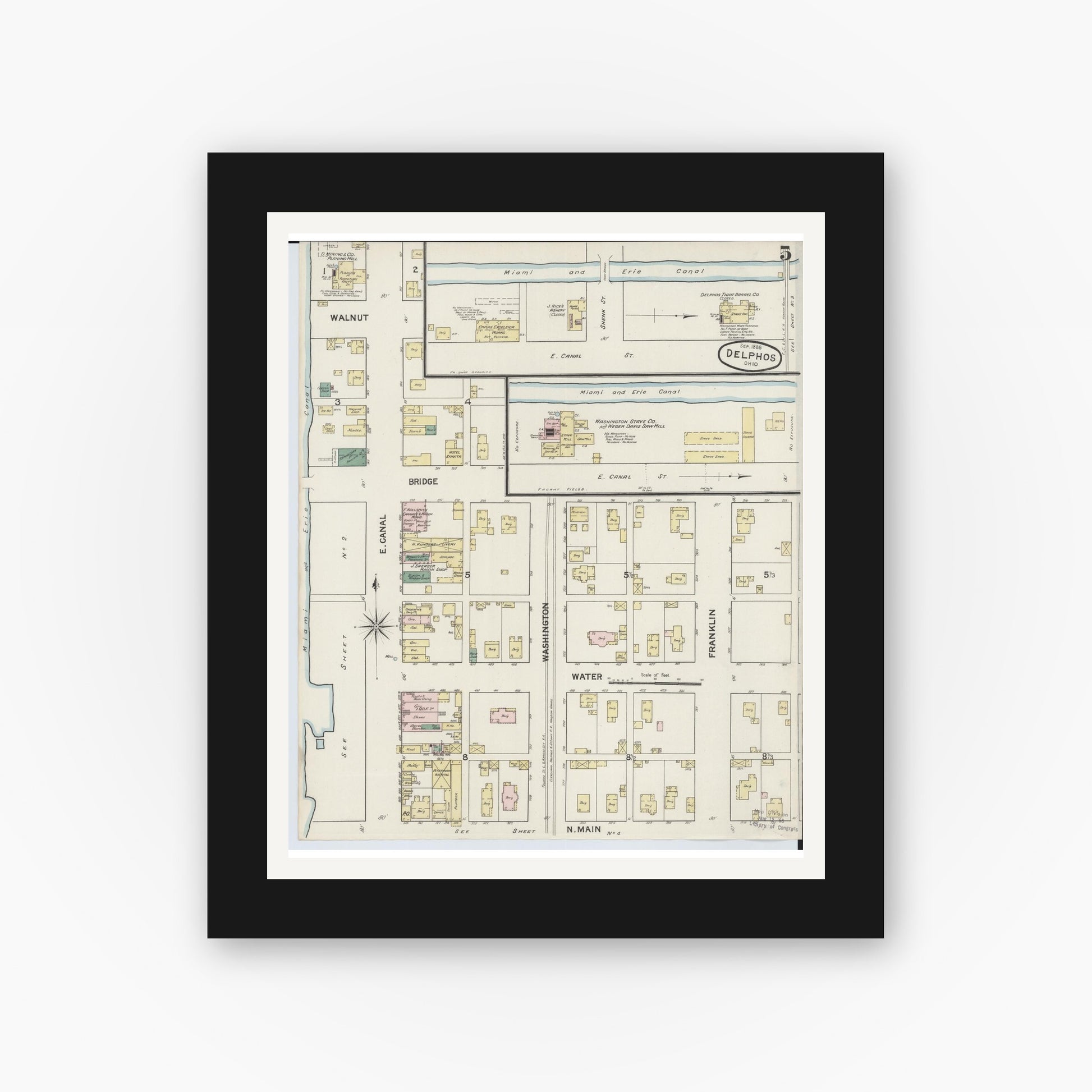 Old map wall art mockup — black gallery frame with white mat — Sanborn Fire Insurance Map from Delphos, Van Wert And Allen Counties, Ohio (1888), Sheet #0005