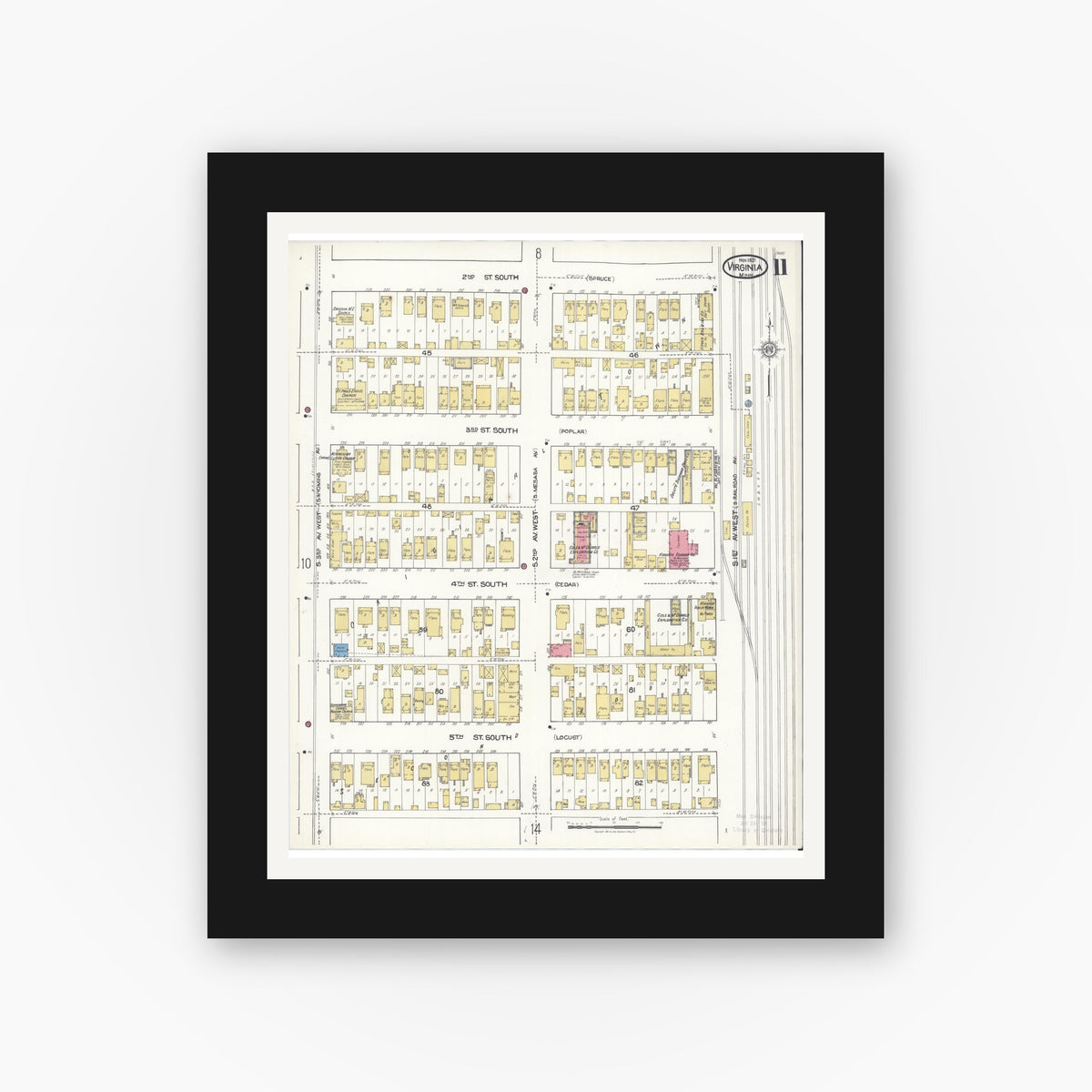 Old map wall art mockup — black gallery frame with white mat — Sanborn Fire Insurance Map from Virginia, Saint Louis County, Minnesota (1921), Sheet #0011