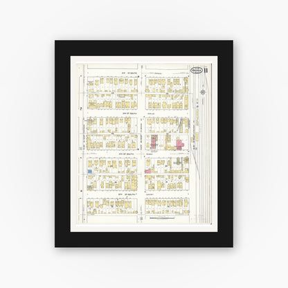 Old map wall art mockup — black gallery frame with white mat — Sanborn Fire Insurance Map from Virginia, Saint Louis County, Minnesota (1921), Sheet #0011
