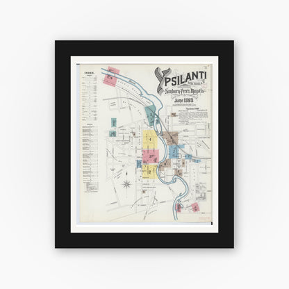 Old map wall art mockup — black gallery frame with white mat — Sanborn Fire Insurance Map from Ypsilanti, Washtenaw County, Michigan (1893) - Complete Map Set